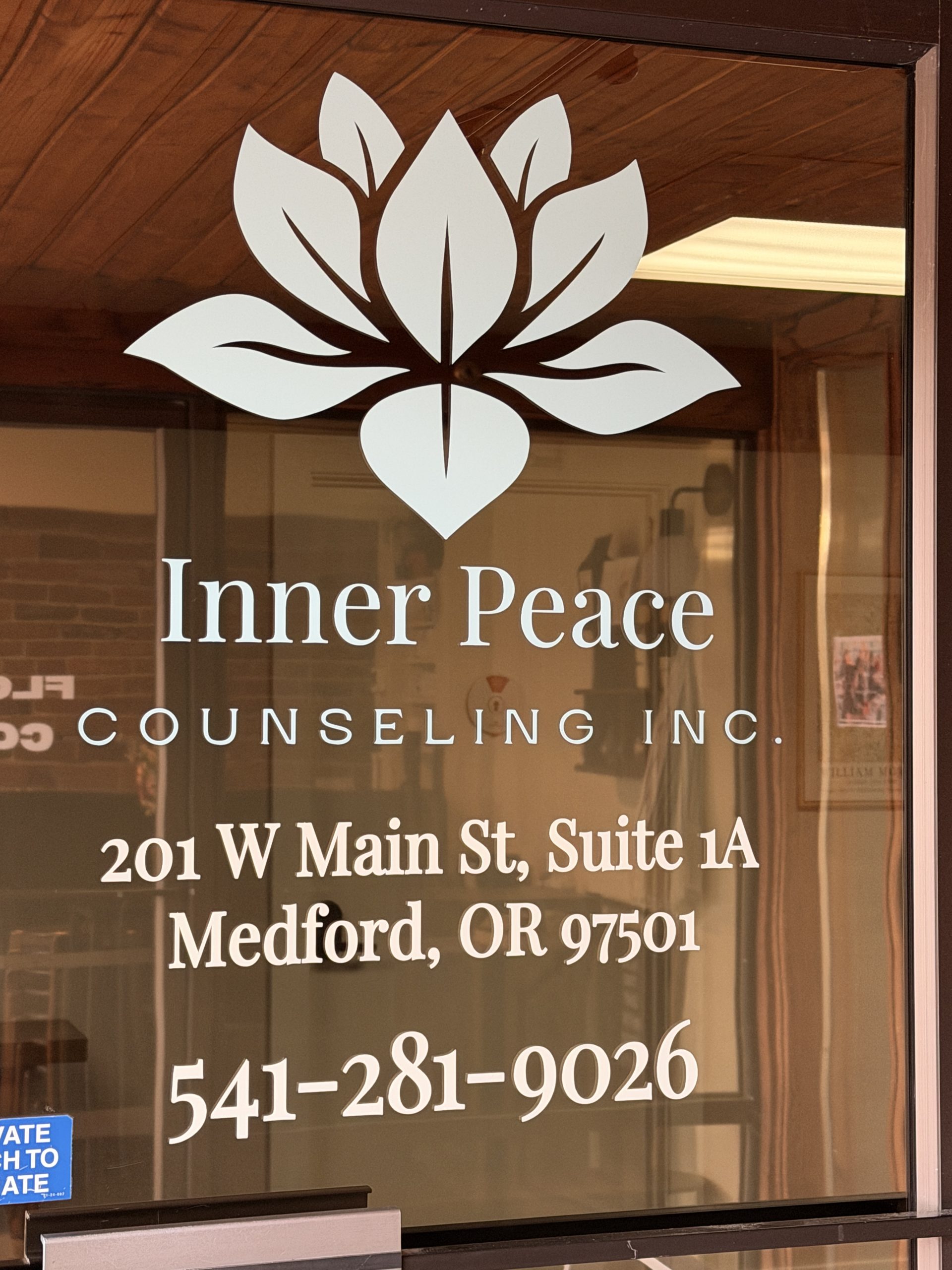 Sign for Inner Peace Counseling Inc. in Medford, OR with contact info.